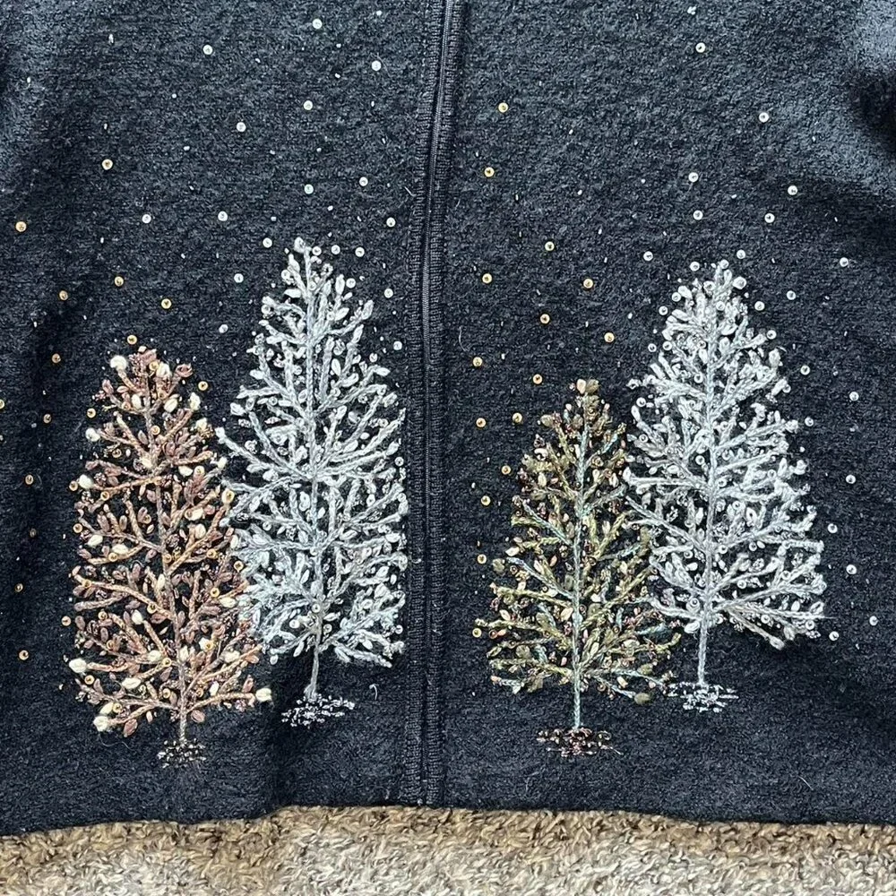 Vintage Coldwater Creek 100% Wool Black Sweater Women Large 80s Grandma Sequins - Picture 2 of 8